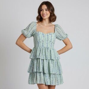 Mine Floral Puff Sleeve Mini Dress in Green and Blue